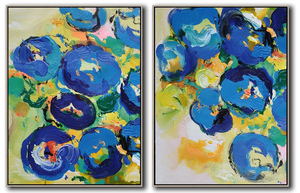 Original Abstract Painting Extra Large Canvas Art,Set Of 2 Abstract Flower Painting On Canvas,Modern Art Abstract Painting,Yellow,Blue,Green.etc